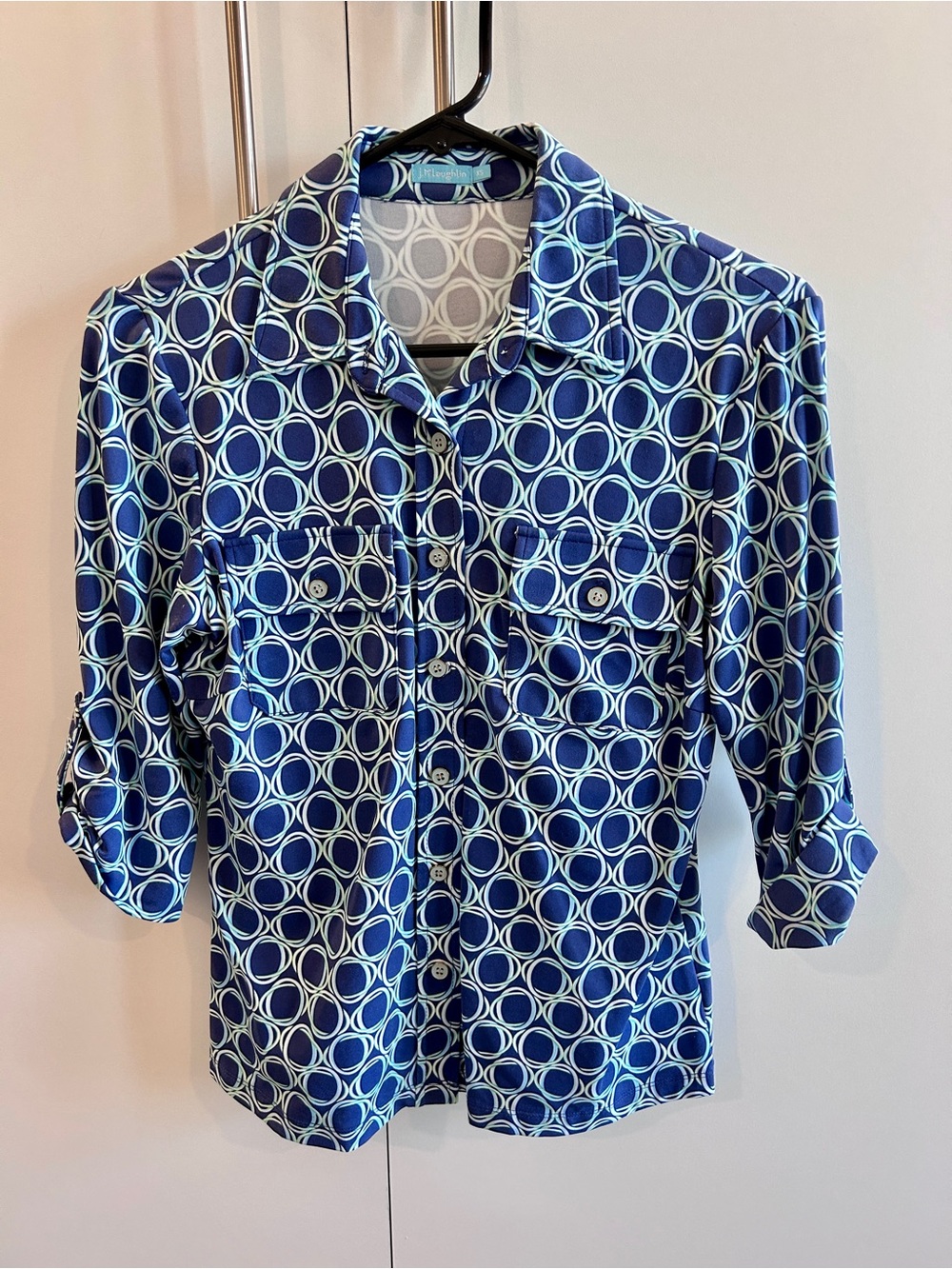 J McLaughlin Women’s Blue Geometric Button-Down Shirt with Roll-Tab Sleeves